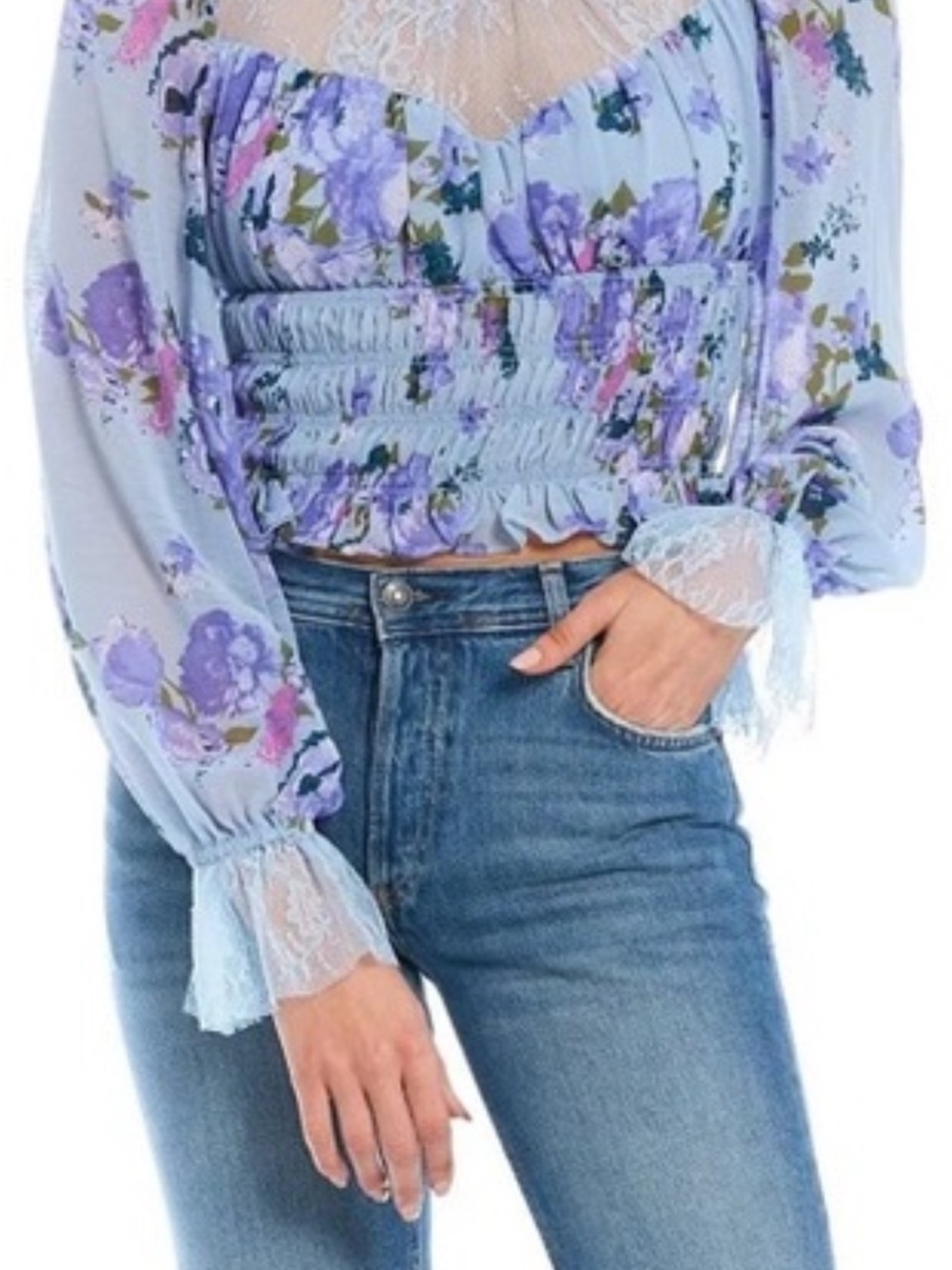 NWT $128 Free People Daphne Romantic Floral Lace Smocked Blouse Shirt X-Small XS